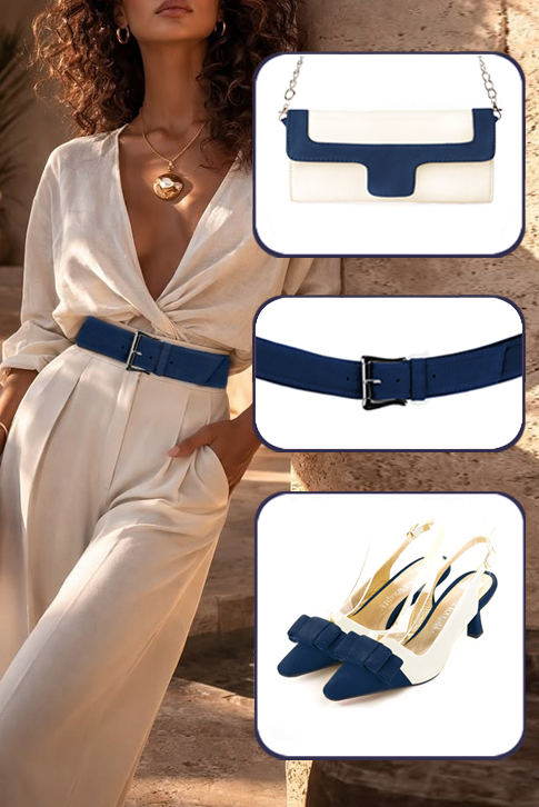 Women's navy blue and off white elegant slingback heels, with a bow on the front. Tapered toe. Medium spool heels - Worn view